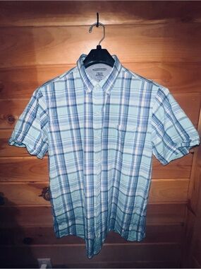 Izod Light Blue and Navy Plaid Short-Sleeve Button-Down Shirt